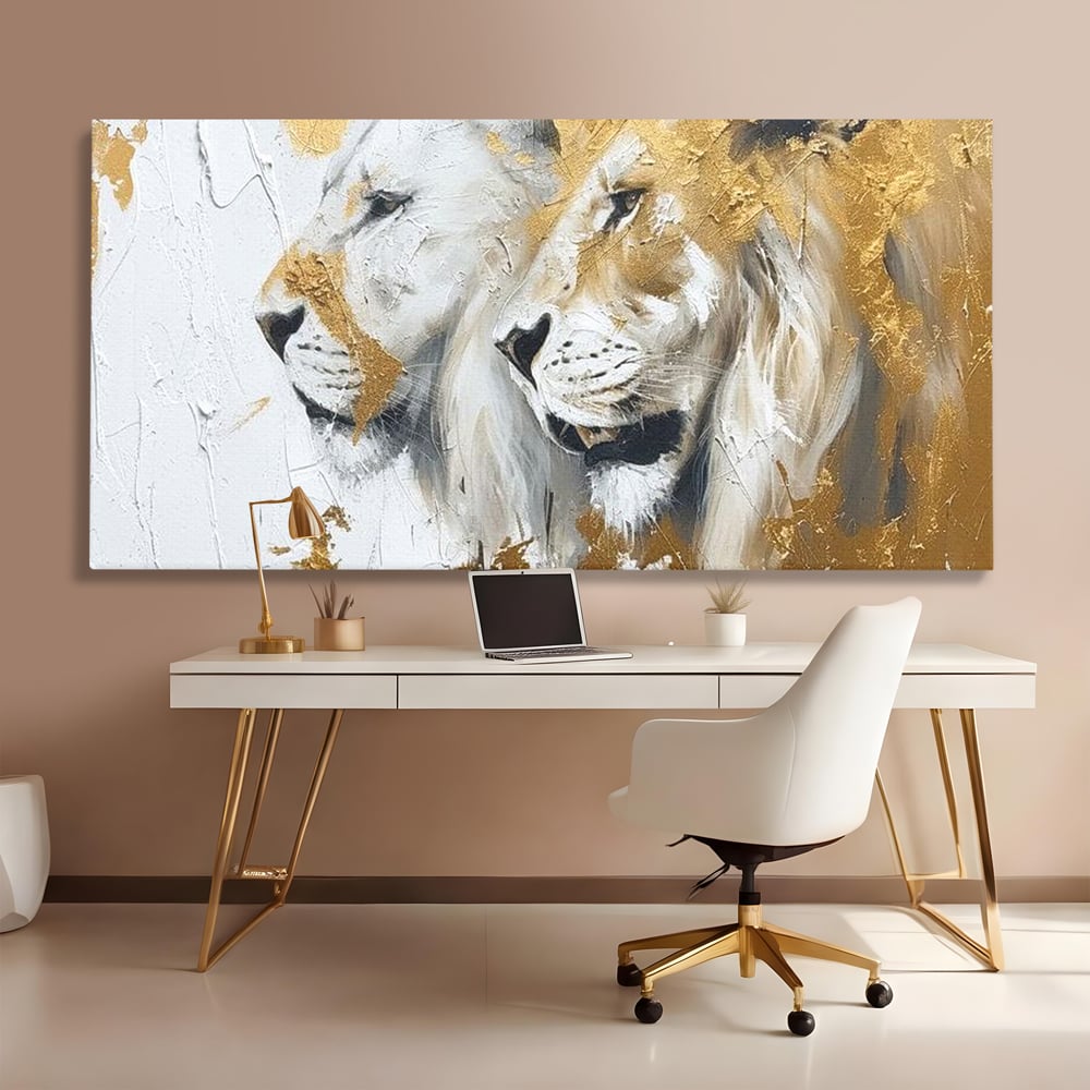 Tablou Canvas Premium, LuxCanva® M1378, Regele si Regina Junglei, Lei, Cuplu, Legatura, Pereche, Animale, Jungla, Iubire, Splendoare, Eleganta, Birou, Living, Camera Copil