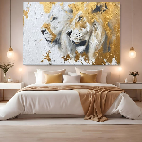 Tablou Canvas Premium, LuxCanva® M1378, Regele si Regina Junglei, Lei, Cuplu, Legatura, Pereche, Animale, Jungla, Iubire, Splendoare, Eleganta, Birou, Living, Camera Copil