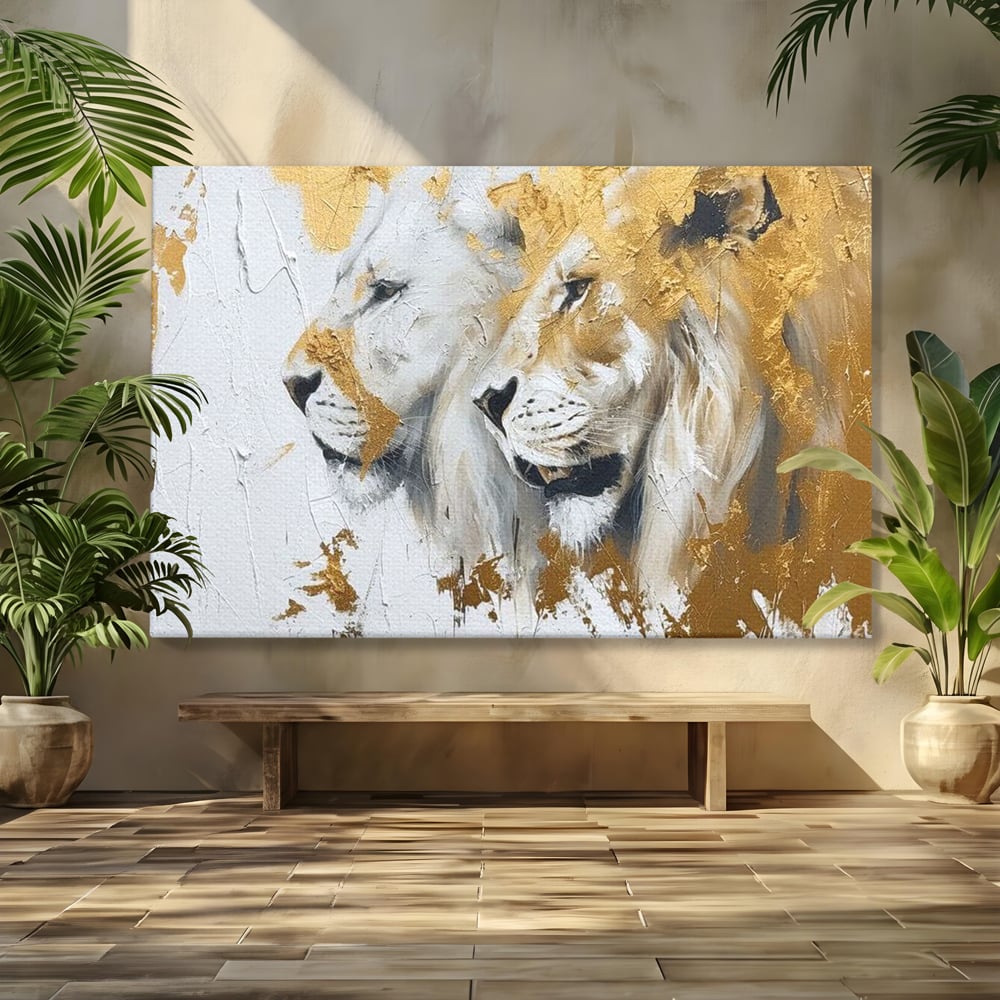 Tablou Canvas Premium, LuxCanva® M1378, Regele si Regina Junglei, Lei, Cuplu, Legatura, Pereche, Animale, Jungla, Iubire, Splendoare, Eleganta, Birou, Living, Camera Copil