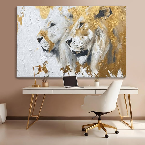 Tablou Canvas Premium, LuxCanva® M1378, Regele si Regina Junglei, Lei, Cuplu, Legatura, Pereche, Animale, Jungla, Iubire, Splendoare, Eleganta, Birou, Living, Camera Copil