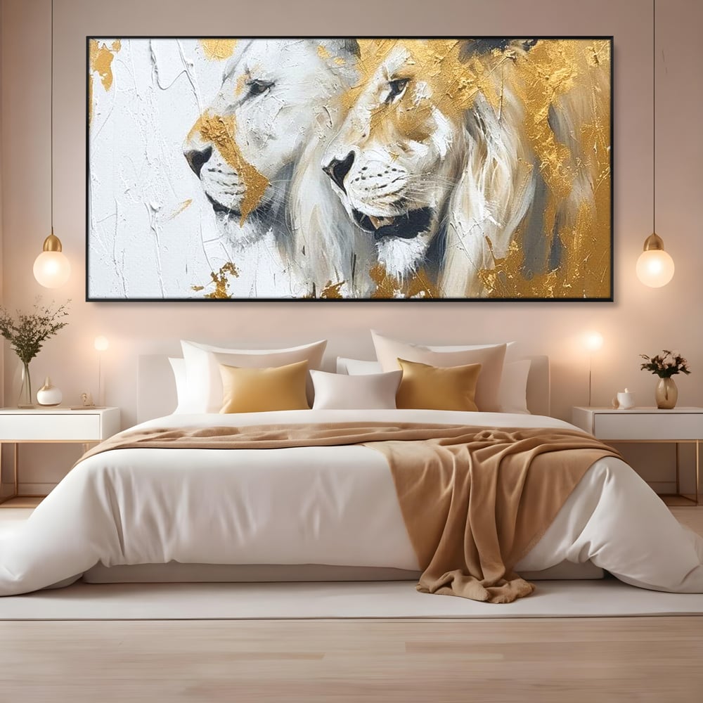 Tablou Canvas Premium, LuxCanva® M1378, Regele si Regina Junglei, Lei, Cuplu, Legatura, Pereche, Animale, Jungla, Iubire, Splendoare, Eleganta, Birou, Living, Camera Copil