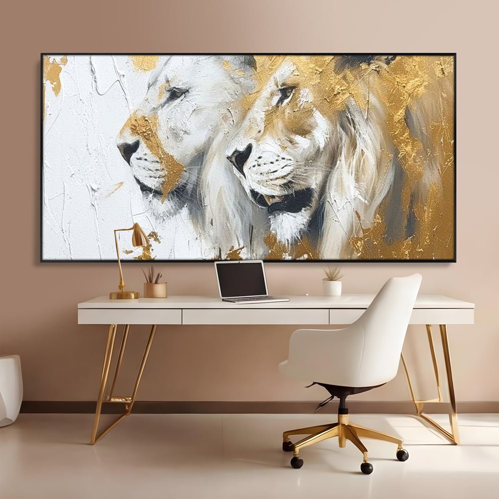 Tablou Canvas Premium, LuxCanva® M1378, Regele si Regina Junglei, Lei, Cuplu, Legatura, Pereche, Animale, Jungla, Iubire, Splendoare, Eleganta, Birou, Living, Camera Copil