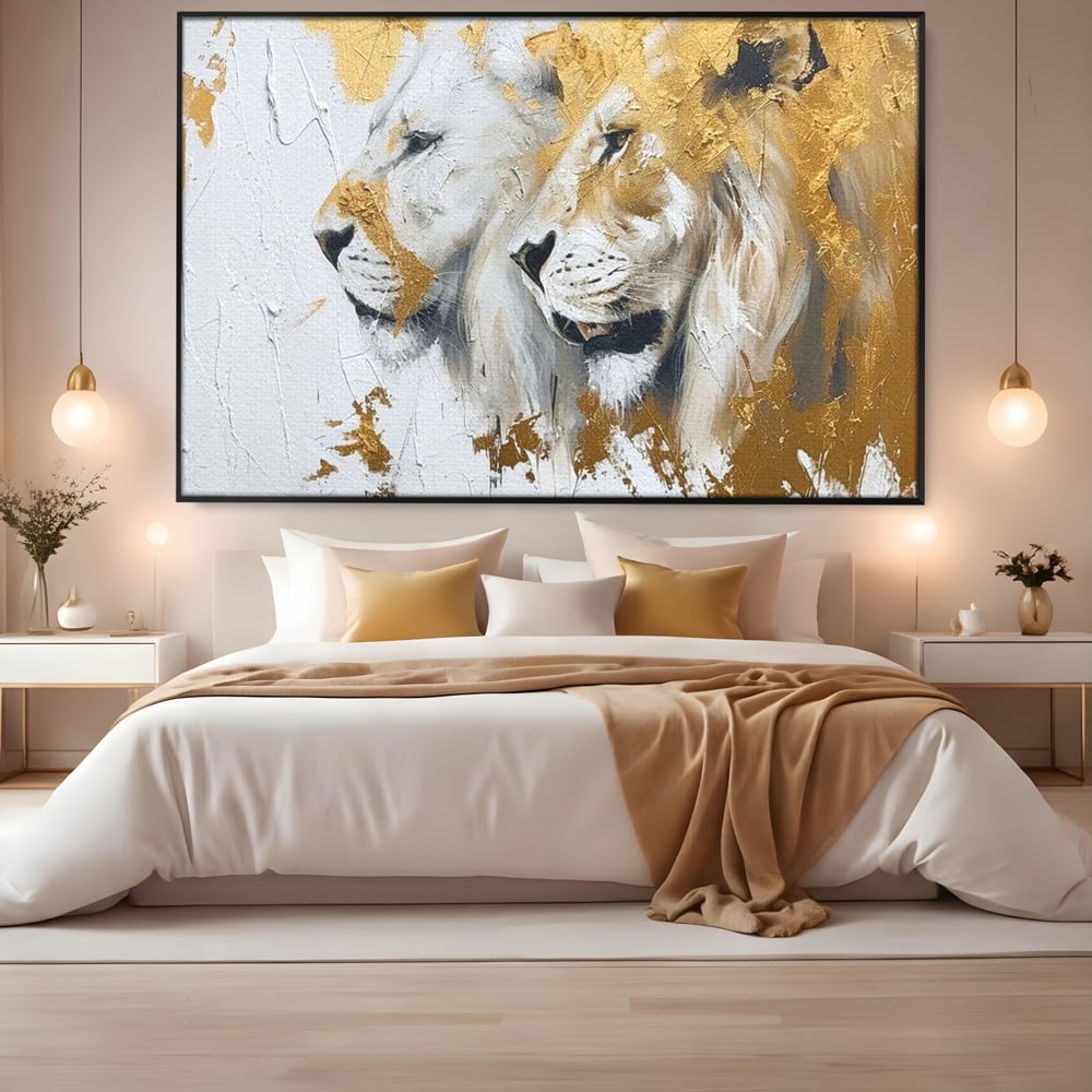 Tablou Canvas Premium, LuxCanva® M1378, Regele si Regina Junglei, Lei, Cuplu, Legatura, Pereche, Animale, Jungla, Iubire, Splendoare, Eleganta, Birou, Living, Camera Copil