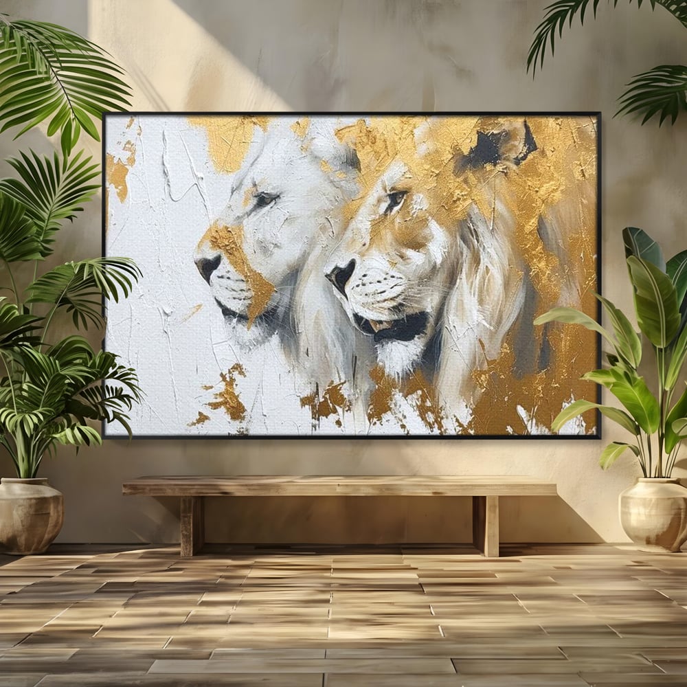 Tablou Canvas Premium, LuxCanva® M1378, Regele si Regina Junglei, Lei, Cuplu, Legatura, Pereche, Animale, Jungla, Iubire, Splendoare, Eleganta, Birou, Living, Camera Copil