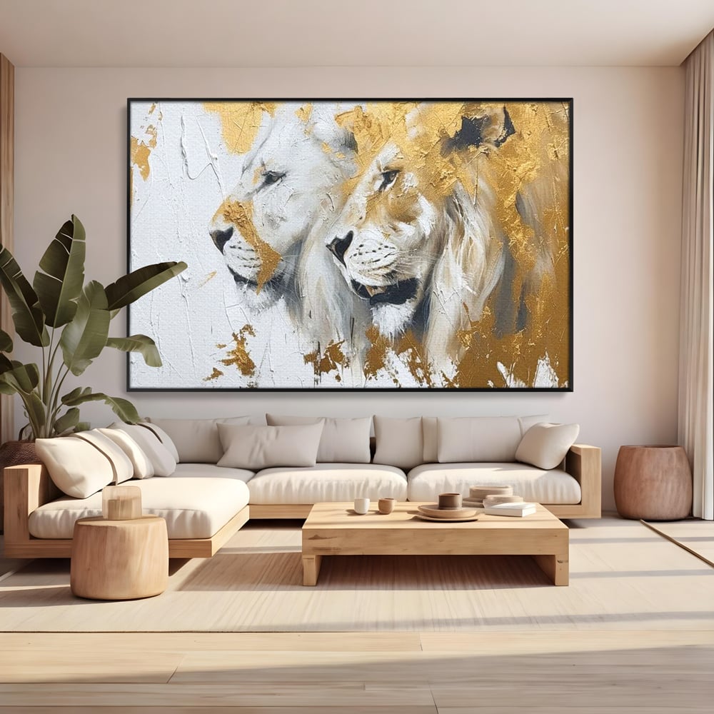 Tablou Canvas Premium, LuxCanva® M1378, Regele si Regina Junglei, Lei, Cuplu, Legatura, Pereche, Animale, Jungla, Iubire, Splendoare, Eleganta, Birou, Living, Camera Copil