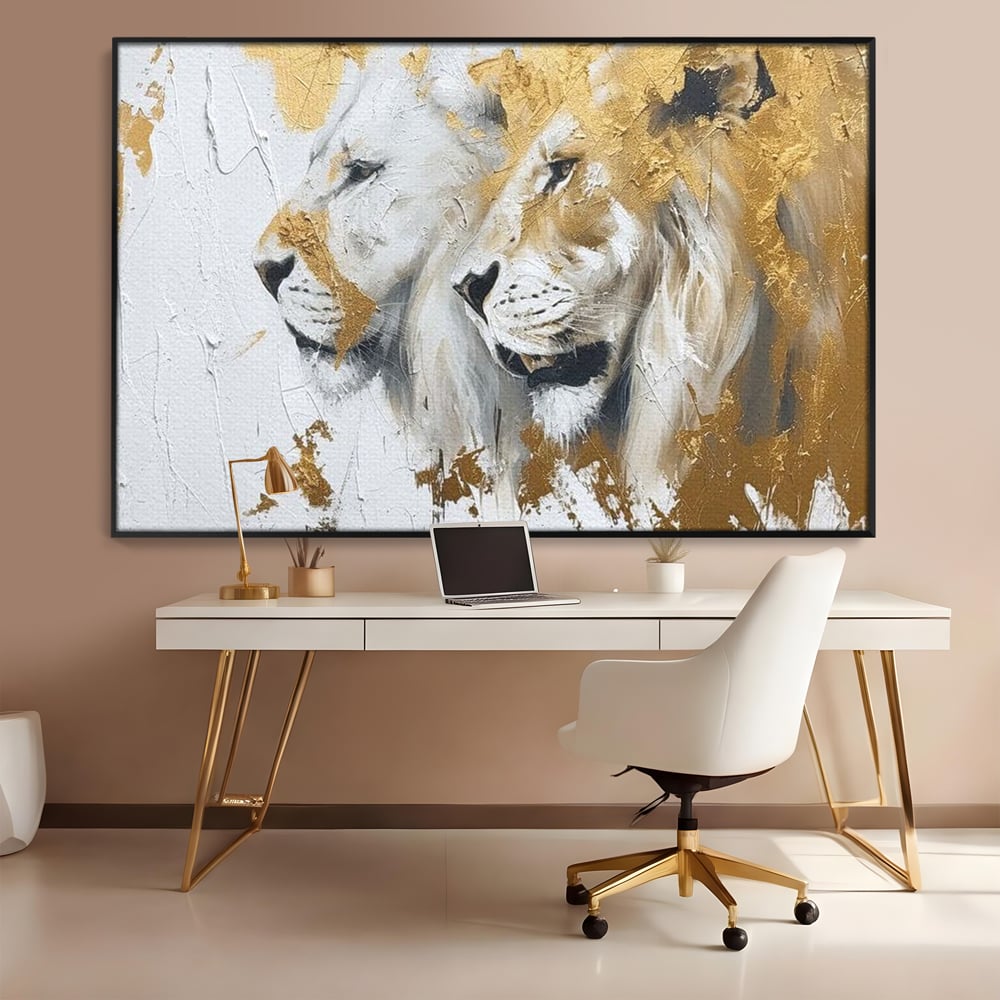 Tablou Canvas Premium, LuxCanva® M1378, Regele si Regina Junglei, Lei, Cuplu, Legatura, Pereche, Animale, Jungla, Iubire, Splendoare, Eleganta, Birou, Living, Camera Copil