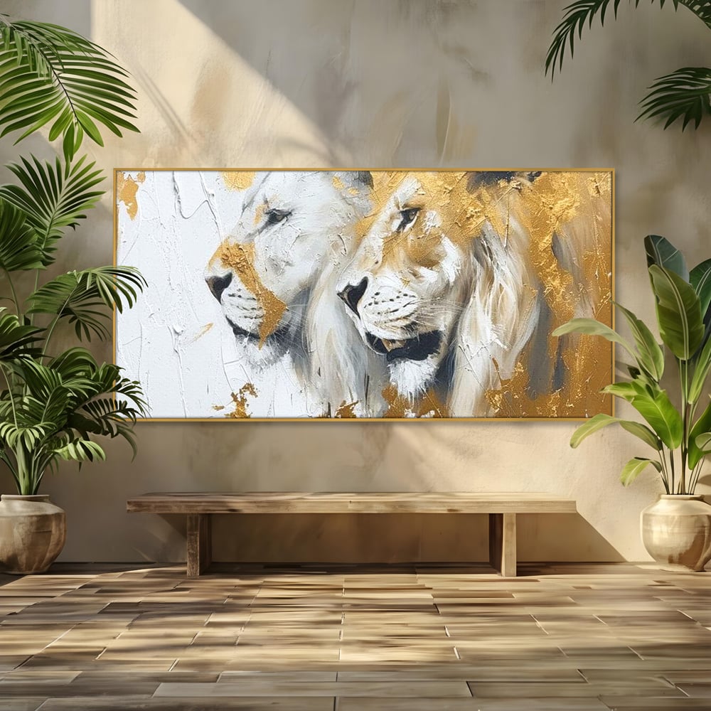 Tablou Canvas Premium, LuxCanva® M1378, Regele si Regina Junglei, Lei, Cuplu, Legatura, Pereche, Animale, Jungla, Iubire, Splendoare, Eleganta, Birou, Living, Camera Copil