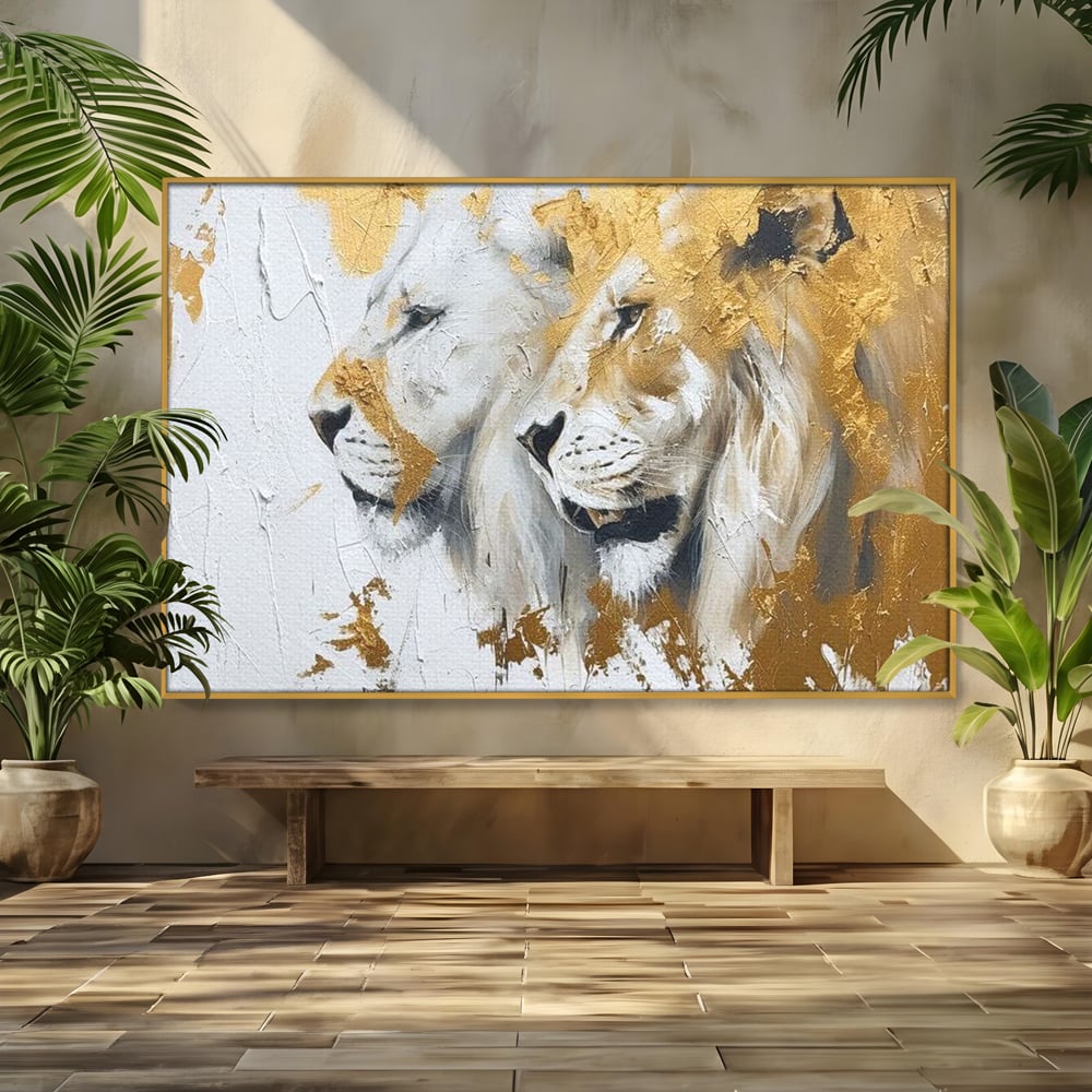 Tablou Canvas Premium, LuxCanva® M1378, Regele si Regina Junglei, Lei, Cuplu, Legatura, Pereche, Animale, Jungla, Iubire, Splendoare, Eleganta, Birou, Living, Camera Copil