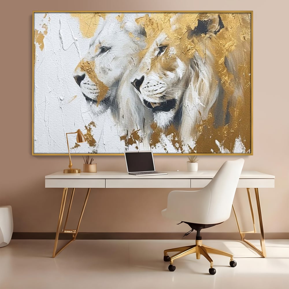 Tablou Canvas Premium, LuxCanva® M1378, Regele si Regina Junglei, Lei, Cuplu, Legatura, Pereche, Animale, Jungla, Iubire, Splendoare, Eleganta, Birou, Living, Camera Copil