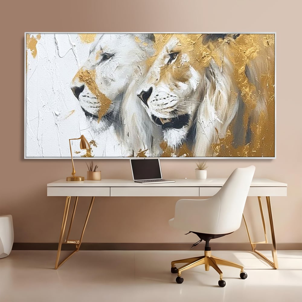 Tablou Canvas Premium, LuxCanva® M1378, Regele si Regina Junglei, Lei, Cuplu, Legatura, Pereche, Animale, Jungla, Iubire, Splendoare, Eleganta, Birou, Living, Camera Copil