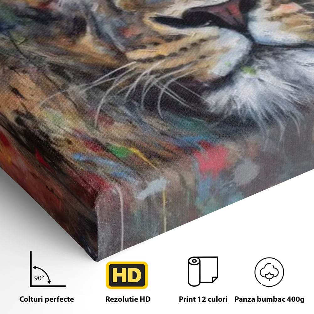 Tablou Canvas Premium, LuxCanva® M1379, Scanteie Regala, Pictura, Multicolor, Leu, Animal, Salbatic, Forta, Curaj, Noblete, Picaturi, Birou, Living, Camera Copil
