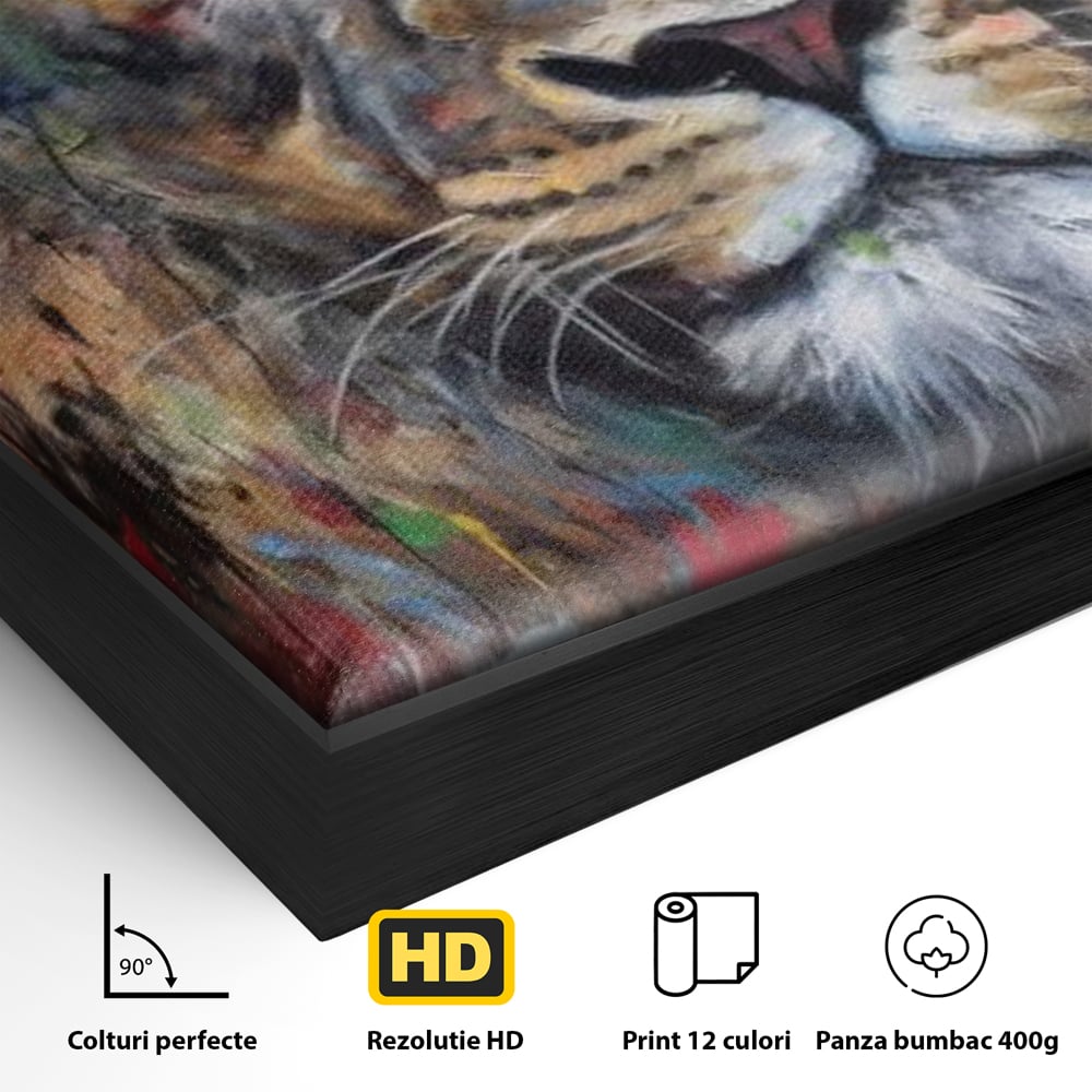 Tablou Canvas Premium, LuxCanva® M1379, Scanteie Regala, Pictura, Multicolor, Leu, Animal, Salbatic, Forta, Curaj, Noblete, Picaturi, Birou, Living, Camera Copil