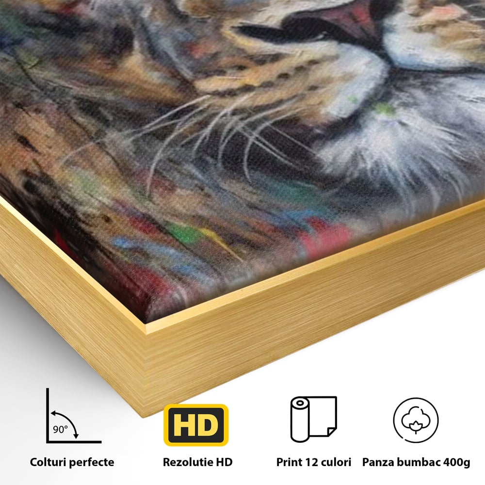 Tablou Canvas Premium, LuxCanva® M1379, Scanteie Regala, Pictura, Multicolor, Leu, Animal, Salbatic, Forta, Curaj, Noblete, Picaturi, Birou, Living, Camera Copil