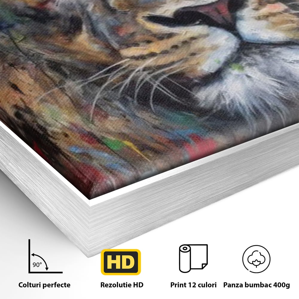 Tablou Canvas Premium, LuxCanva® M1379, Scanteie Regala, Pictura, Multicolor, Leu, Animal, Salbatic, Forta, Curaj, Noblete, Picaturi, Birou, Living, Camera Copil