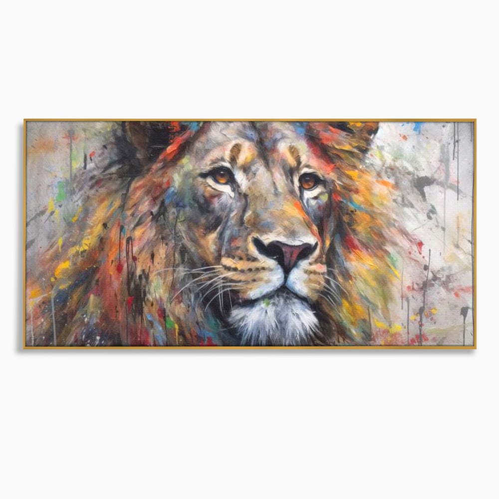Tablou Canvas Premium, LuxCanva® M1379, Scanteie Regala, Pictura, Multicolor, Leu, Animal, Salbatic, Forta, Curaj, Noblete, Picaturi, Birou, Living, Camera Copil