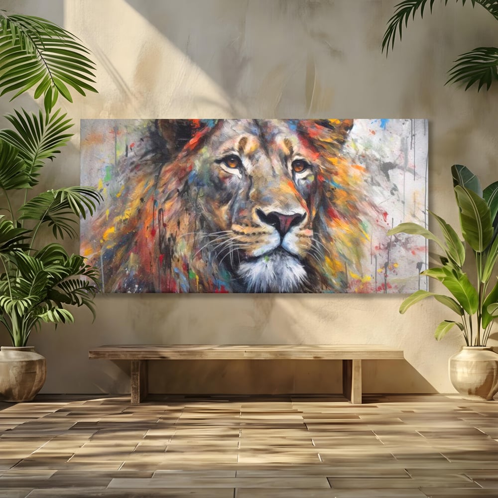 Tablou Canvas Premium, LuxCanva® M1379, Scanteie Regala, Pictura, Multicolor, Leu, Animal, Salbatic, Forta, Curaj, Noblete, Picaturi, Birou, Living, Camera Copil