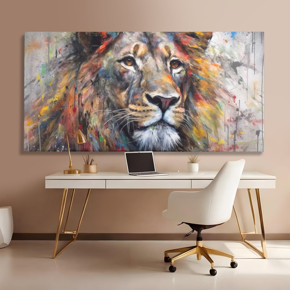 Tablou Canvas Premium, LuxCanva® M1379, Scanteie Regala, Pictura, Multicolor, Leu, Animal, Salbatic, Forta, Curaj, Noblete, Picaturi, Birou, Living, Camera Copil