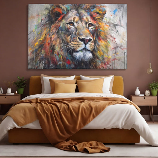 Tablou Canvas Premium, LuxCanva® M1379, Scanteie Regala, Pictura, Multicolor, Leu, Animal, Salbatic, Forta, Curaj, Noblete, Picaturi, Birou, Living, Camera Copil
