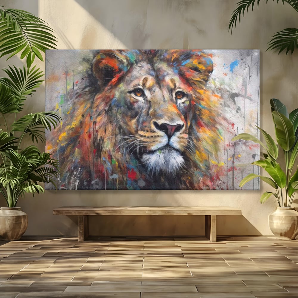Tablou Canvas Premium, LuxCanva® M1379, Scanteie Regala, Pictura, Multicolor, Leu, Animal, Salbatic, Forta, Curaj, Noblete, Picaturi, Birou, Living, Camera Copil
