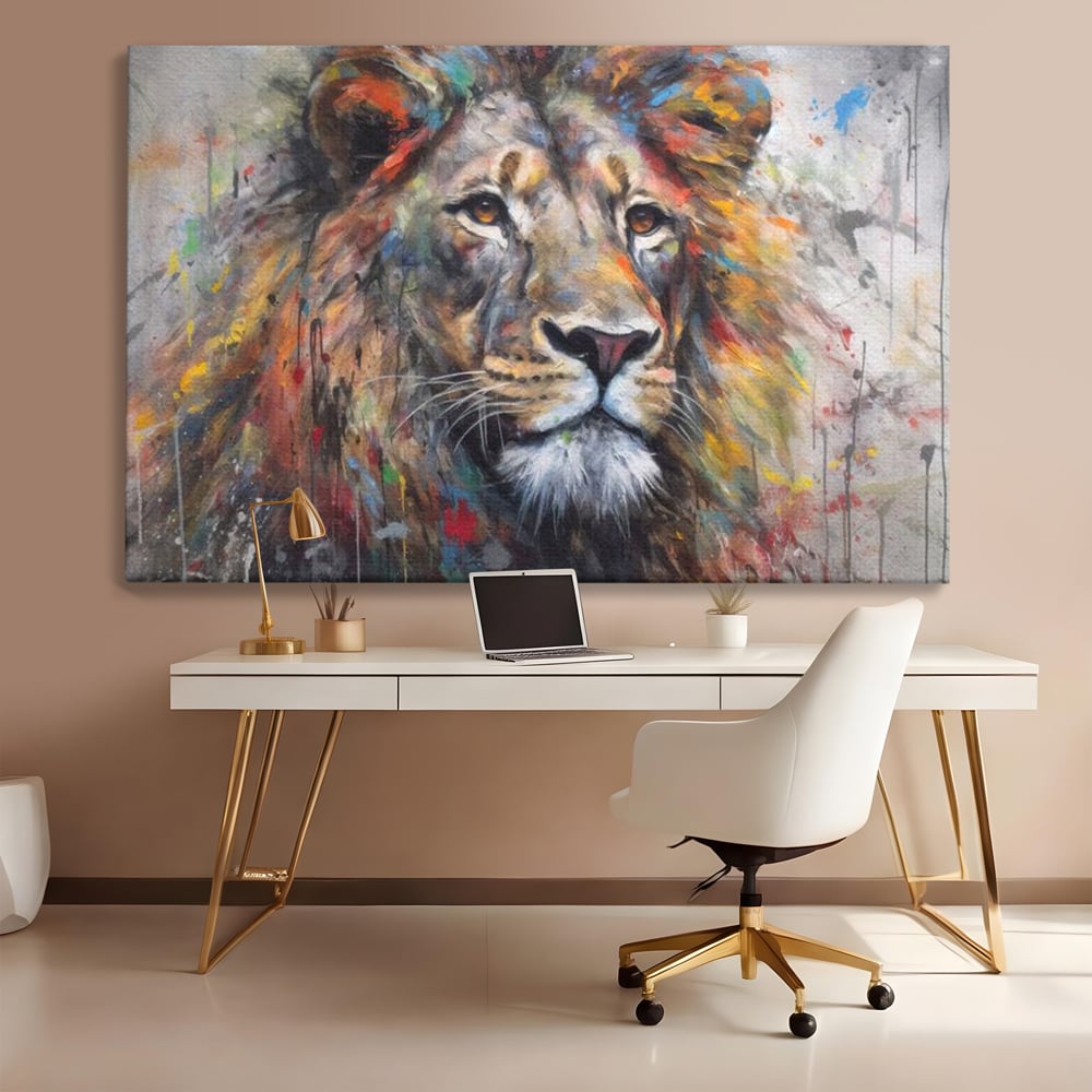 Tablou Canvas Premium, LuxCanva® M1379, Scanteie Regala, Pictura, Multicolor, Leu, Animal, Salbatic, Forta, Curaj, Noblete, Picaturi, Birou, Living, Camera Copil