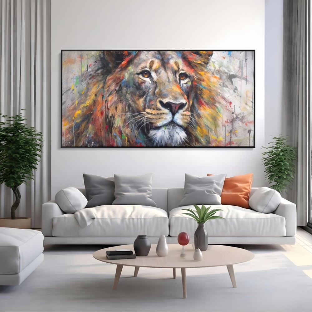 Tablou Canvas Premium, LuxCanva® M1379, Scanteie Regala, Pictura, Multicolor, Leu, Animal, Salbatic, Forta, Curaj, Noblete, Picaturi, Birou, Living, Camera Copil