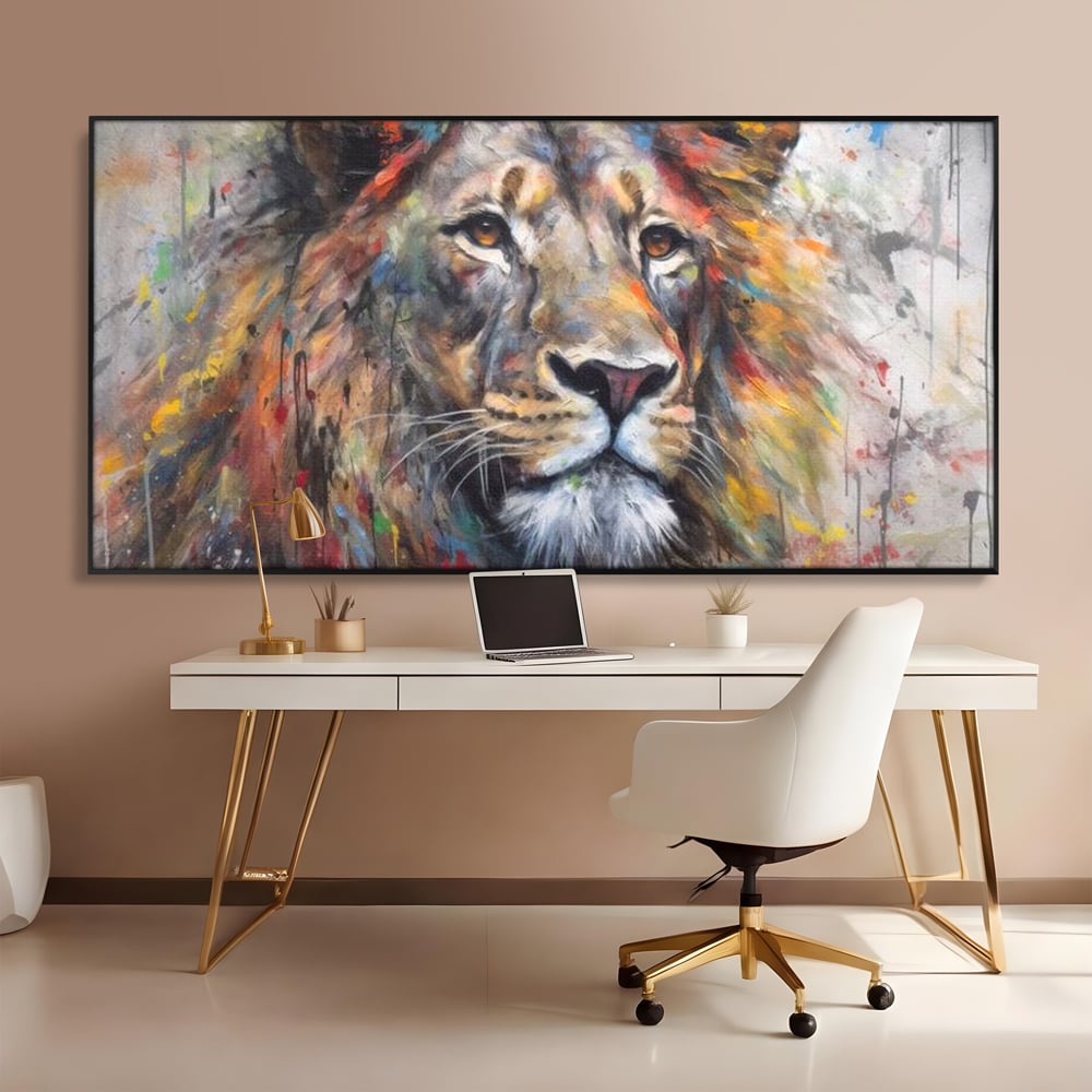 Tablou Canvas Premium, LuxCanva® M1379, Scanteie Regala, Pictura, Multicolor, Leu, Animal, Salbatic, Forta, Curaj, Noblete, Picaturi, Birou, Living, Camera Copil