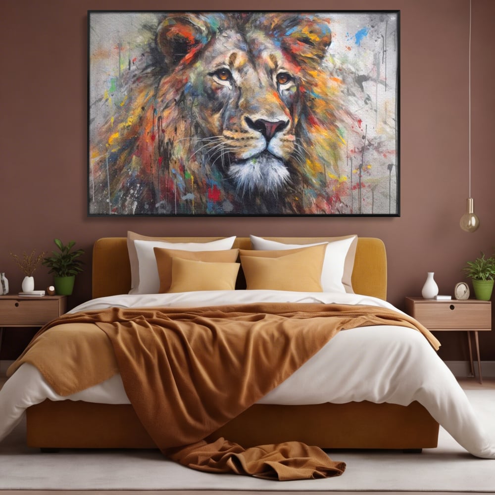 Tablou Canvas Premium, LuxCanva® M1379, Scanteie Regala, Pictura, Multicolor, Leu, Animal, Salbatic, Forta, Curaj, Noblete, Picaturi, Birou, Living, Camera Copil