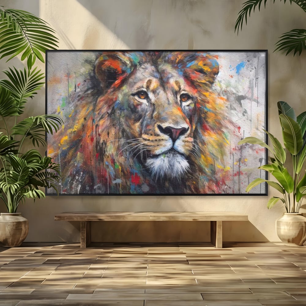Tablou Canvas Premium, LuxCanva® M1379, Scanteie Regala, Pictura, Multicolor, Leu, Animal, Salbatic, Forta, Curaj, Noblete, Picaturi, Birou, Living, Camera Copil