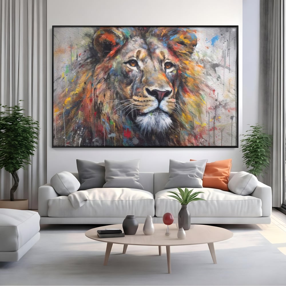 Tablou Canvas Premium, LuxCanva® M1379, Scanteie Regala, Pictura, Multicolor, Leu, Animal, Salbatic, Forta, Curaj, Noblete, Picaturi, Birou, Living, Camera Copil