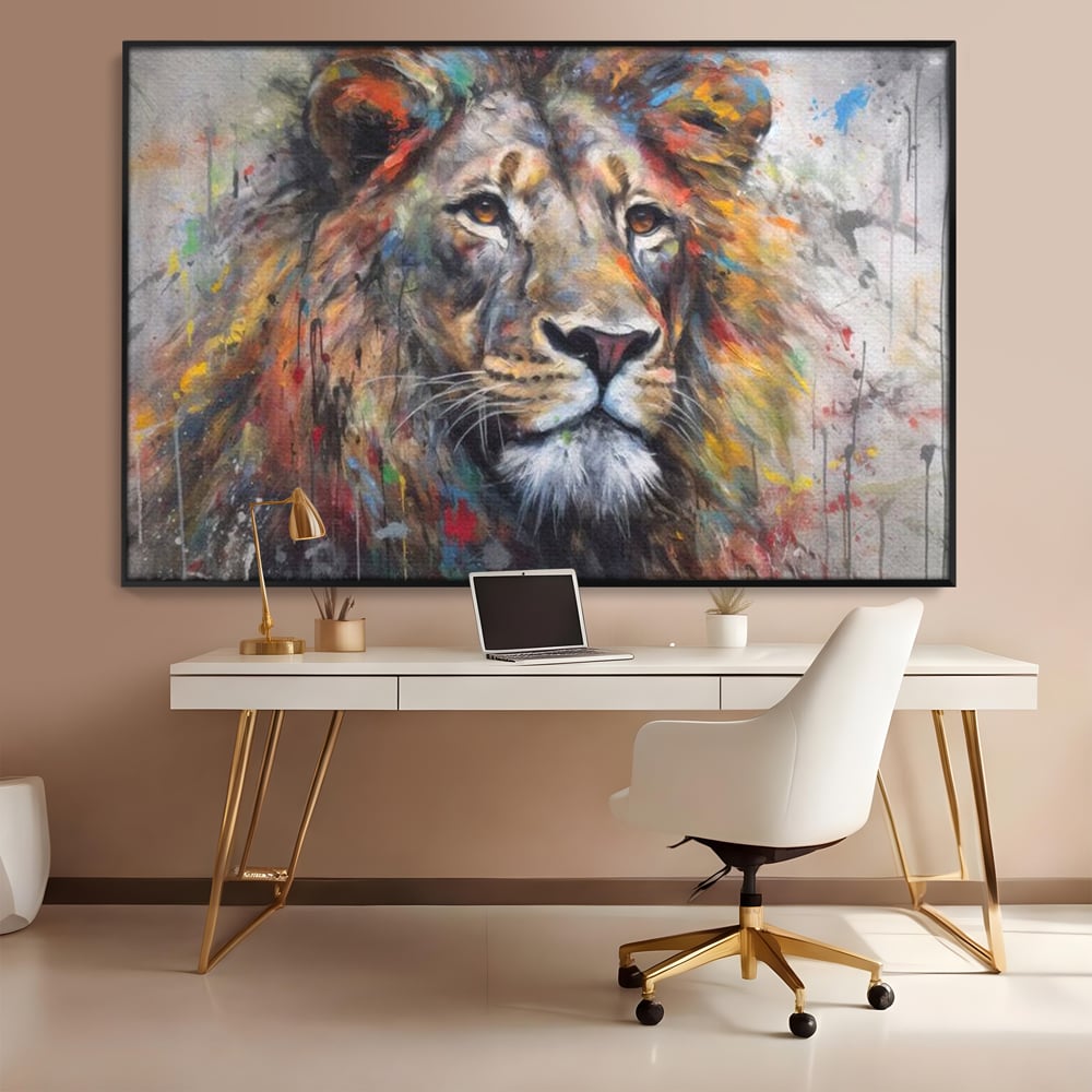 Tablou Canvas Premium, LuxCanva® M1379, Scanteie Regala, Pictura, Multicolor, Leu, Animal, Salbatic, Forta, Curaj, Noblete, Picaturi, Birou, Living, Camera Copil