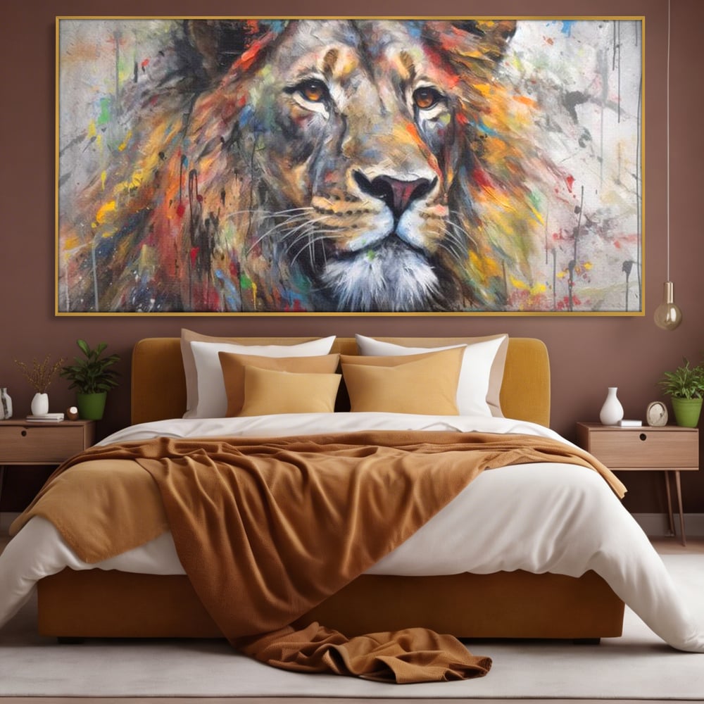 Tablou Canvas Premium, LuxCanva® M1379, Scanteie Regala, Pictura, Multicolor, Leu, Animal, Salbatic, Forta, Curaj, Noblete, Picaturi, Birou, Living, Camera Copil