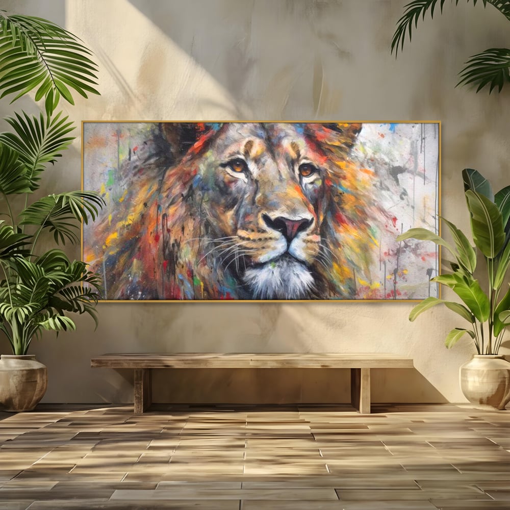 Tablou Canvas Premium, LuxCanva® M1379, Scanteie Regala, Pictura, Multicolor, Leu, Animal, Salbatic, Forta, Curaj, Noblete, Picaturi, Birou, Living, Camera Copil