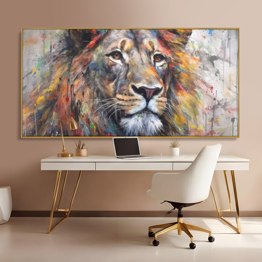 Tablou Canvas Premium, LuxCanva® M1379, Scanteie Regala, Pictura, Multicolor, Leu, Animal, Salbatic, Forta, Curaj, Noblete, Picaturi, Birou, Living, Camera Copil