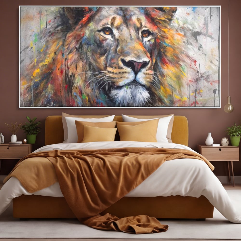 Tablou Canvas Premium, LuxCanva® M1379, Scanteie Regala, Pictura, Multicolor, Leu, Animal, Salbatic, Forta, Curaj, Noblete, Picaturi, Birou, Living, Camera Copil