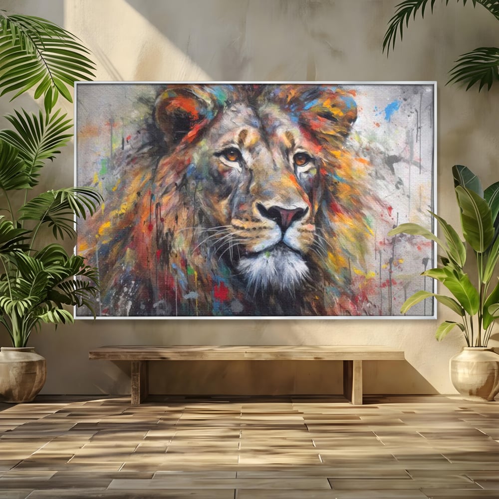 Tablou Canvas Premium, LuxCanva® M1379, Scanteie Regala, Pictura, Multicolor, Leu, Animal, Salbatic, Forta, Curaj, Noblete, Picaturi, Birou, Living, Camera Copil