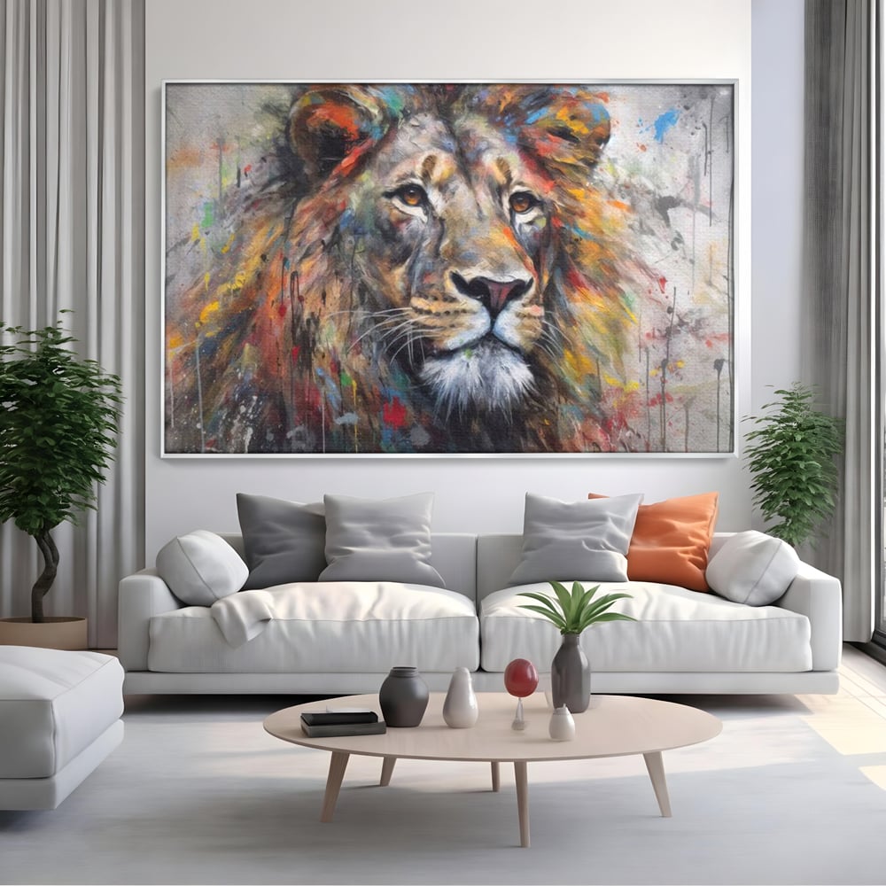 Tablou Canvas Premium, LuxCanva® M1379, Scanteie Regala, Pictura, Multicolor, Leu, Animal, Salbatic, Forta, Curaj, Noblete, Picaturi, Birou, Living, Camera Copil