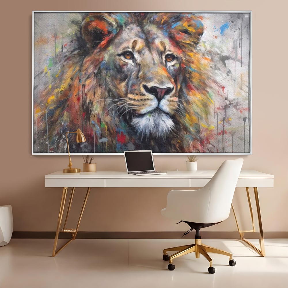 Tablou Canvas Premium, LuxCanva® M1379, Scanteie Regala, Pictura, Multicolor, Leu, Animal, Salbatic, Forta, Curaj, Noblete, Picaturi, Birou, Living, Camera Copil