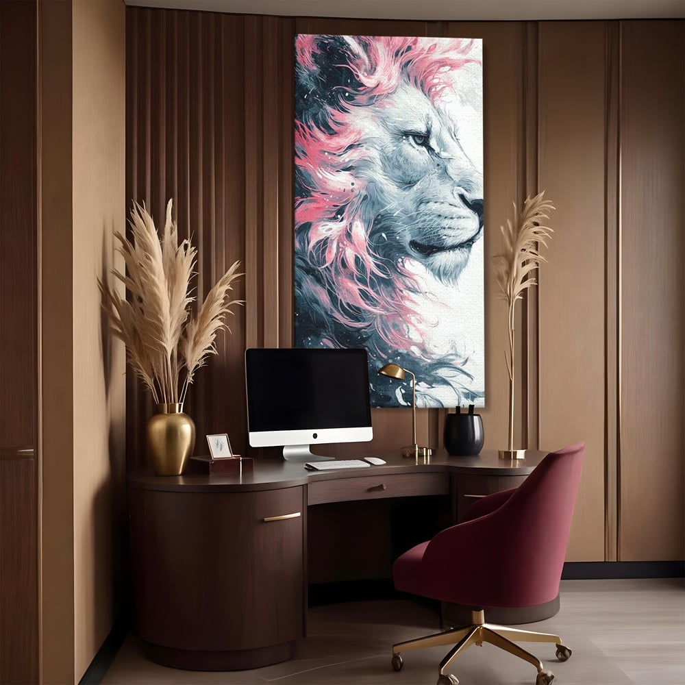 Leinwand Premium Canvas Wandkunst, LuxCanva® M1381, Royal Twilight, Rosa, Anmutig, Profil, Löwe, Portrait, Abstrakt, Mythisch, Mythisch, Sidef, Traum, Majestätisch, Büro, Wohnen, Kinderzimmer