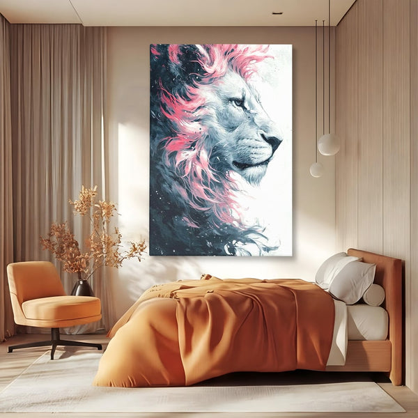 Leinwand Premium Canvas Wandkunst, LuxCanva® M1381, Royal Twilight, Rosa, Anmutig, Profil, Löwe, Portrait, Abstrakt, Mythisch, Mythisch, Sidef, Traum, Majestätisch, Büro, Wohnen, Kinderzimmer