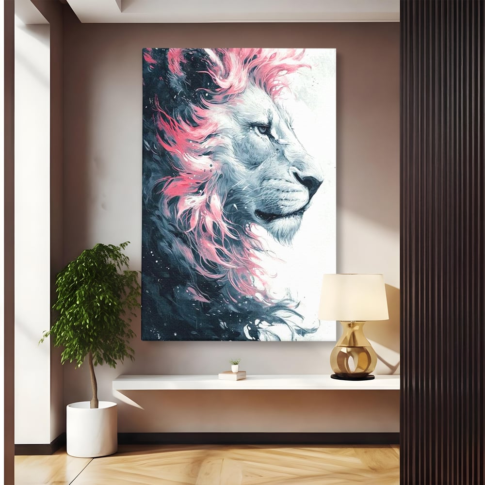 Leinwand Premium Canvas Wandkunst, LuxCanva® M1381, Royal Twilight, Rosa, Anmutig, Profil, Löwe, Portrait, Abstrakt, Mythisch, Mythisch, Sidef, Traum, Majestätisch, Büro, Wohnen, Kinderzimmer