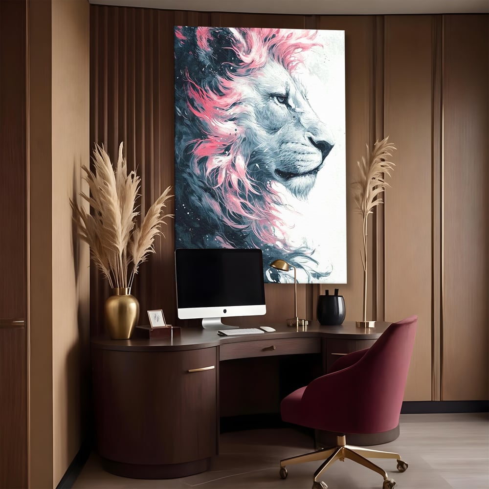 Leinwand Premium Canvas Wandkunst, LuxCanva® M1381, Royal Twilight, Rosa, Anmutig, Profil, Löwe, Portrait, Abstrakt, Mythisch, Mythisch, Sidef, Traum, Majestätisch, Büro, Wohnen, Kinderzimmer