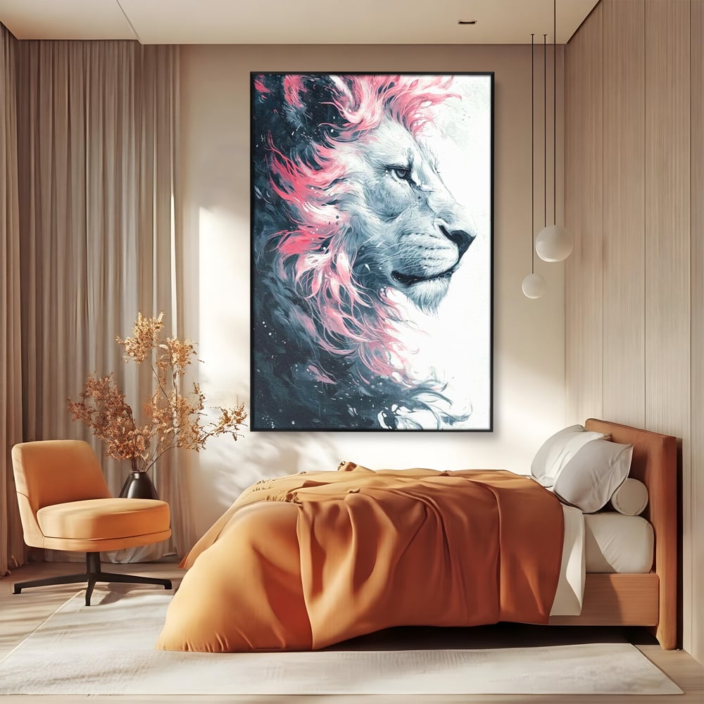 Leinwand Premium Canvas Wandkunst, LuxCanva® M1381, Royal Twilight, Rosa, Anmutig, Profil, Löwe, Portrait, Abstrakt, Mythisch, Mythisch, Sidef, Traum, Majestätisch, Büro, Wohnen, Kinderzimmer