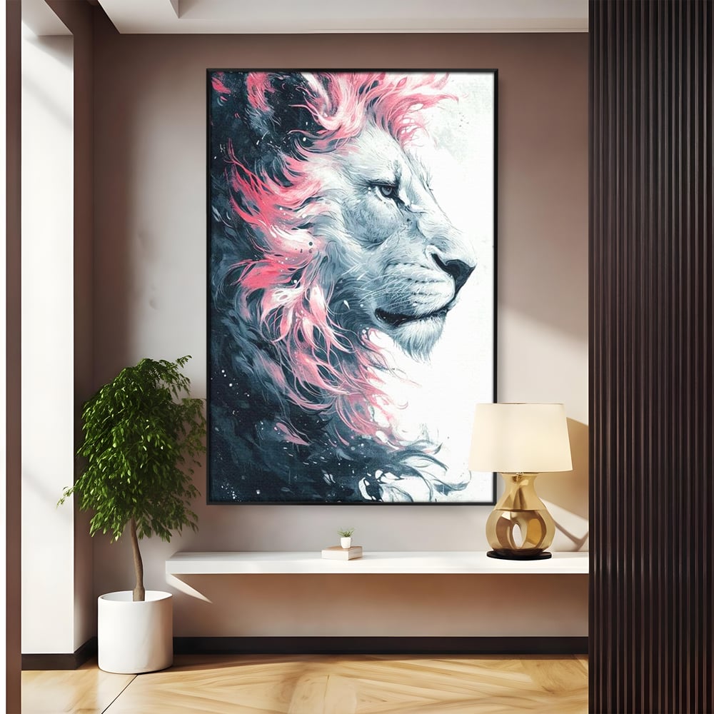 Leinwand Premium Canvas Wandkunst, LuxCanva® M1381, Royal Twilight, Rosa, Anmutig, Profil, Löwe, Portrait, Abstrakt, Mythisch, Mythisch, Sidef, Traum, Majestätisch, Büro, Wohnen, Kinderzimmer
