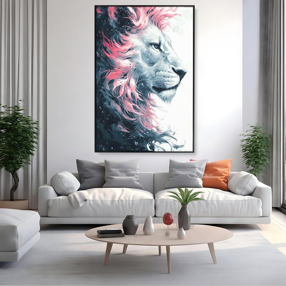 Leinwand Premium Canvas Wandkunst, LuxCanva® M1381, Royal Twilight, Rosa, Anmutig, Profil, Löwe, Portrait, Abstrakt, Mythisch, Mythisch, Sidef, Traum, Majestätisch, Büro, Wohnen, Kinderzimmer