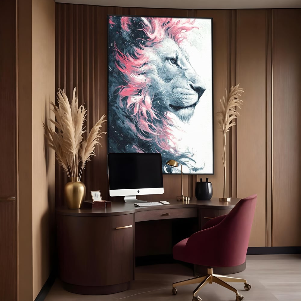Leinwand Premium Canvas Wandkunst, LuxCanva® M1381, Royal Twilight, Rosa, Anmutig, Profil, Löwe, Portrait, Abstrakt, Mythisch, Mythisch, Sidef, Traum, Majestätisch, Büro, Wohnen, Kinderzimmer