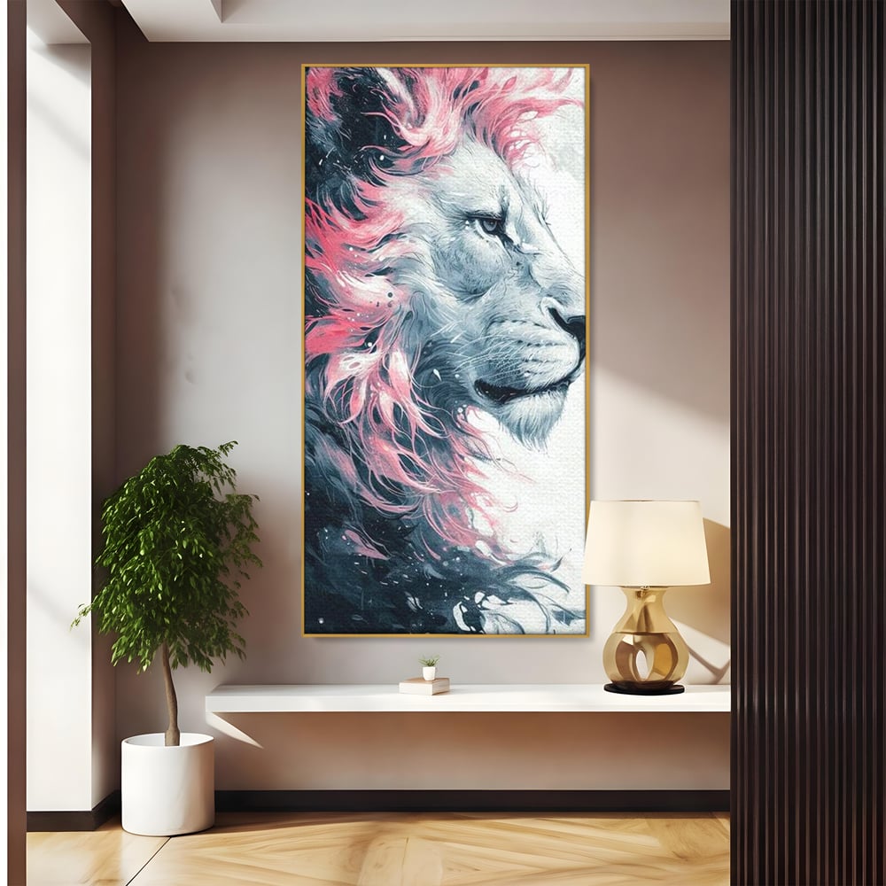 Leinwand Premium Canvas Wandkunst, LuxCanva® M1381, Royal Twilight, Rosa, Anmutig, Profil, Löwe, Portrait, Abstrakt, Mythisch, Mythisch, Sidef, Traum, Majestätisch, Büro, Wohnen, Kinderzimmer