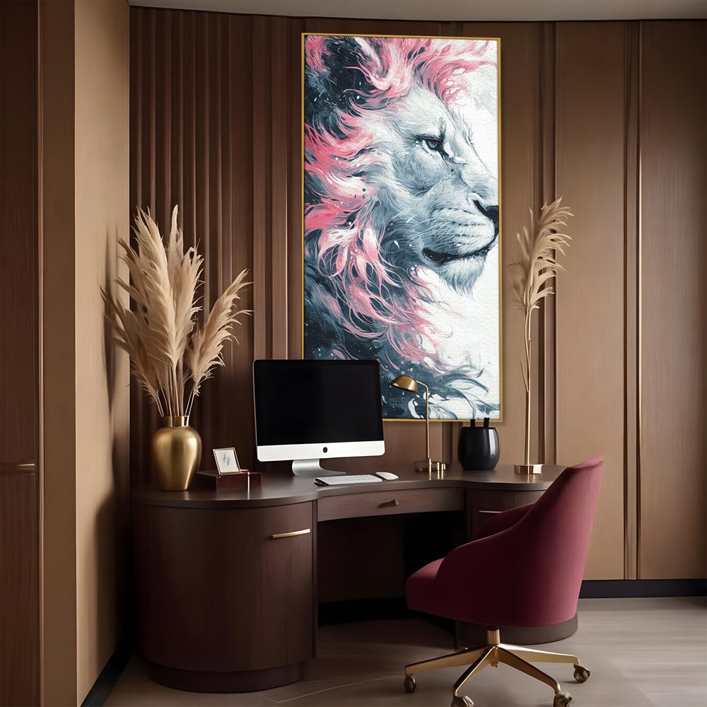Leinwand Premium Canvas Wandkunst, LuxCanva® M1381, Royal Twilight, Rosa, Anmutig, Profil, Löwe, Portrait, Abstrakt, Mythisch, Mythisch, Sidef, Traum, Majestätisch, Büro, Wohnen, Kinderzimmer