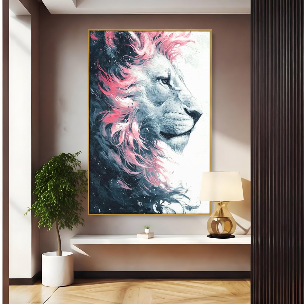 Leinwand Premium Canvas Wandkunst, LuxCanva® M1381, Royal Twilight, Rosa, Anmutig, Profil, Löwe, Portrait, Abstrakt, Mythisch, Mythisch, Sidef, Traum, Majestätisch, Büro, Wohnen, Kinderzimmer