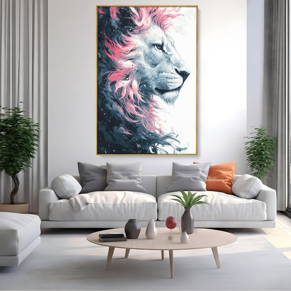 Leinwand Premium Canvas Wandkunst, LuxCanva® M1381, Royal Twilight, Rosa, Anmutig, Profil, Löwe, Portrait, Abstrakt, Mythisch, Mythisch, Sidef, Traum, Majestätisch, Büro, Wohnen, Kinderzimmer