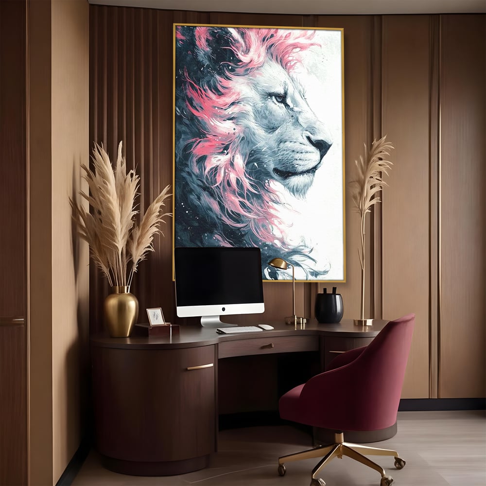 Leinwand Premium Canvas Wandkunst, LuxCanva® M1381, Royal Twilight, Rosa, Anmutig, Profil, Löwe, Portrait, Abstrakt, Mythisch, Mythisch, Sidef, Traum, Majestätisch, Büro, Wohnen, Kinderzimmer